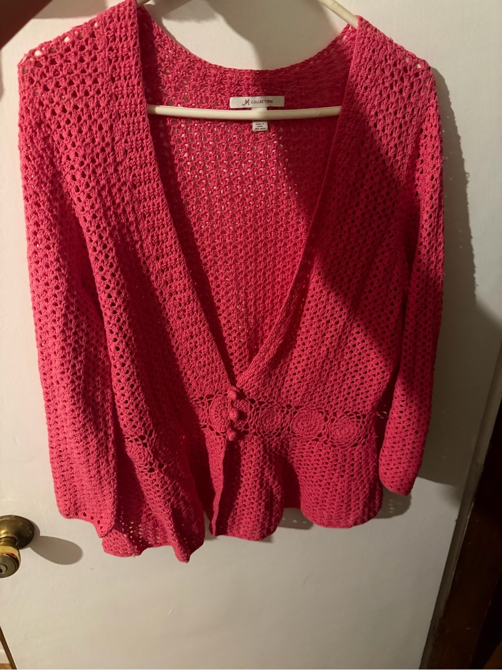 JM Collection Rose Pink Crochet Open-Front Cardigan. 100% cotton